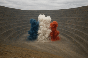 Vista panorámica de una tronadura minera con humo teñido de color en faena abierta