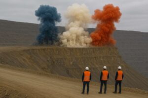 Tronadura minera con humo rojo, blanco y azul en celebración de Fiestas Patrias
